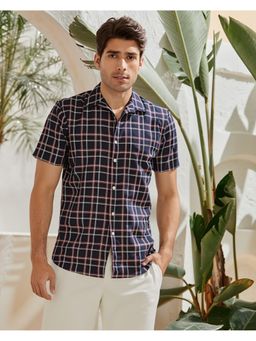 RIGO - Men Checked Printed Cut Away Collar Turquoise Shirt