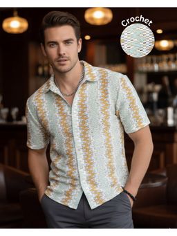 RIGO - Men Crochet Knit Cuban Collar Multicolor Shirt