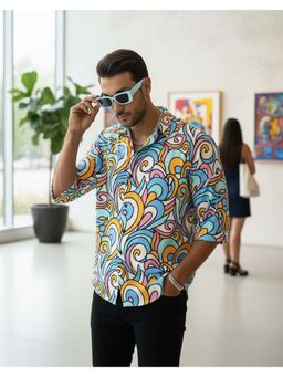 RIGO - Men Abstract Print Cut Away Collar Multicolor Oversized Shirt