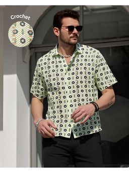 RIGO - Men Crochet Knit Cuban Collar Green Shirt