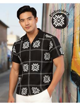 RIGO - Men Cotton Black Embroidered Cut Away Collar Shirt