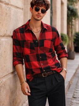 RIGO - Men Cotton Checked Print Cut Away Collar Red Casual Shirt