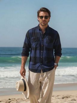 RIGO - Men Cotton Checked Print Cut Away Collar Navy Blue Casual Shirt