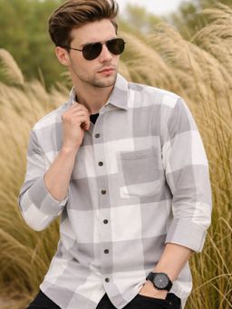 RIGO - Men Cotton Checked Print Cut Away Collar Grey Casual Shirt