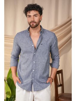 Perch - Men's Denim Blue Checked Linen Cotton Slim Fit Shirt