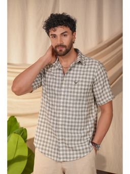 Perch - Men's Meadow Green Checked Linen Cotton Slim Fit Shirt