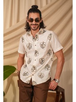 Perch - Men's Beige Natural Grains Solid Linen Cotton Slim Fit Shirt