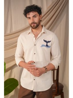 Perch - Men's Beige Natural Grains Graphic Printed Linen Cotton Slim Fit Shirt