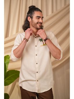 Perch - Men's Beige Natural Grain Graphic Printed Linen Cotton Slim Fit Shirt