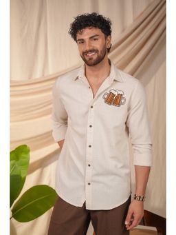 Perch - Men's Beige Grains Graphic Printed Linen Cotton Slim Fit Shirt
