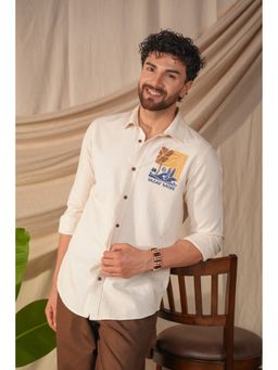 Perch - Men's Beige Natural Grains Graphic Printed Linen Cotton Slim Fit Shirt