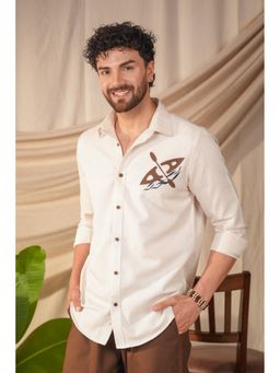 Perch - Men's Beige Natural Grain Graphic Printed Linen Cotton Slim Fit Shirt