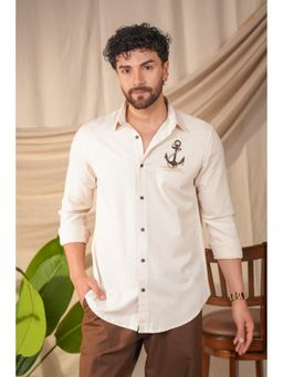 Perch - Men's Beige Natural Grains Graphic Printed Linen Cotton Slim Fit Shirt