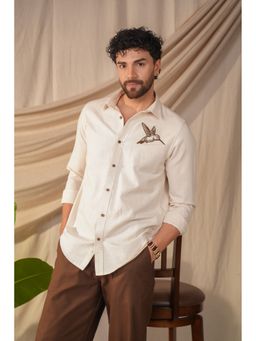 Perch - Men's Beige Natural Grains Graphic Printed Cotton Slim Fit Shirt