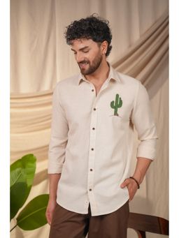 Perch - Men's NaturalOff White Grain Graphic Printed Linen Cotton Slim Fit Shirt