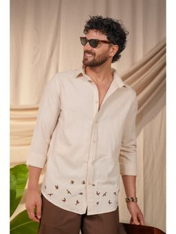 Perch - Men's Natural Grain Graphic Printed Linen Off White Cotton Slim Fit Shirt