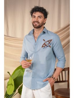 Perch - Men's Aqua Blue Graphic Printed Linen Cotton Slim Fit Shirt