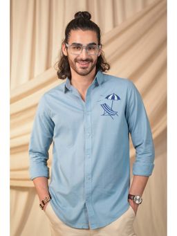Perch - Men's Aqua Blue Graphic Printed Linen Cotton Slim Fit Shirt