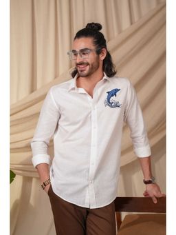 Perch - Men's White Graphic Printed Linen Cotton Slim Fit Shirt