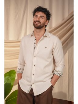 Perch - Men's Beige Natural Grains Printed Linen Cotton Slim Fit Shirt