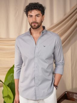 Perch - Men's Light Grey Solid Linen Cotton Slim Fit Shirt