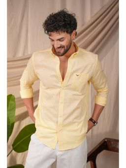 Perch - Men's Light Yellow Solid Linen Cotton Slim Fit Shirt