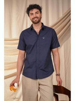 Perch - Men's Navy Blue Solid Linen Cotton Slim Fit Shirt