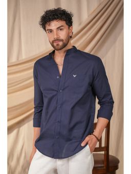Perch - Men's Navy Blue Solid Linen Cotton Slim Fit Shirt