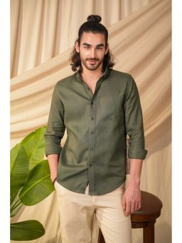 Perch - Men's Olive Green Solid Linen Cotton Slim Fit Shirt