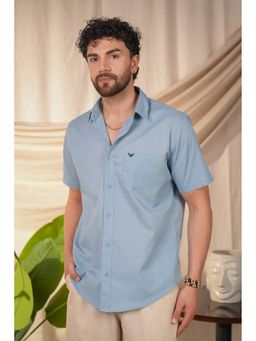 Perch - Men's Aqua Blue Solid Linen Cotton Slim Fit Shirt