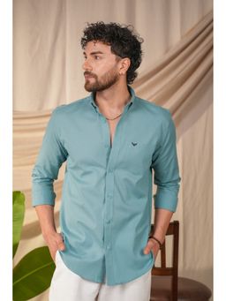 Perch - Men's Turquoise Solid Linen Cotton Slim Fit Shirt