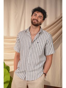 Perch - Men's Ocean Navy Blue Striped Linen Cotton Slim Fit Shirt