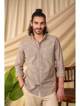 Perch - Men's Dusty Brown Striped Linen Cotton Slim Fit Shirt