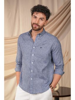 Perch - Men's Denim Blue Striped Linen Cotton Slim Fit Shirt