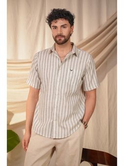 Perch - Men's Sage Green Striped Linen Cotton Slim Fit Shirt