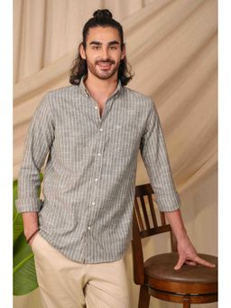 Perch - Men's Dusty Grey Striped Linen Cotton Slim Fit Shirt