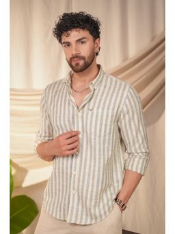 Perch - Men's Teal Stripes Striped Linen Cotton Slim Fit Shirt