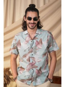Perch - Men's Aqua Blue Printed Cotton Slim Fit Shirt