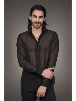 Perch - Men's Black Solid Georgette Solid Slim Fit Shirt