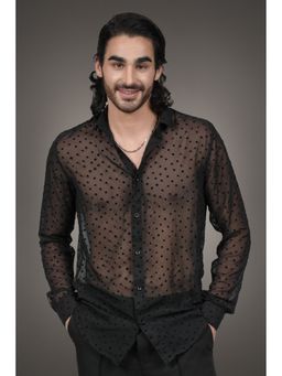 Perch - Men's Black Georgette Dobby Slim Fit Shirt