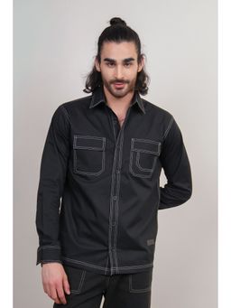 Perch - Men's Black Solid Heavy Cotton Twill Boxy Fit Shirt