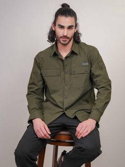 Perch - Men's Olive Green Solid Heavy Cotton Poplin Boxy Fit Shirt