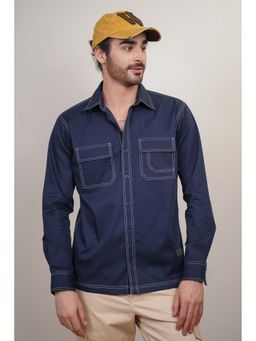 Perch - Men's Navy Blue Solid Heavy Cotton Twill Boxy Fit Shirt