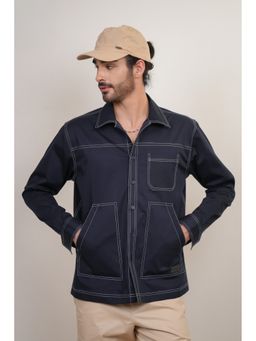 Perch - Men's Navy Blue Solid Heavy Cotton Twill Boxy Fit Shirt