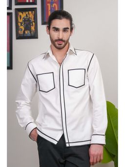Perch - Men's White Colourblocked Heavy Cotton Twill Boxy Fit Shirt