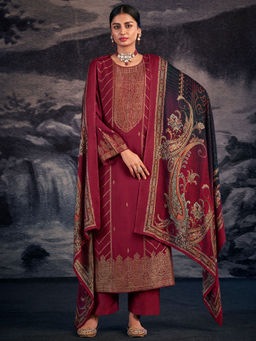 Stylee LIFESTYLE - Maroon Pashmina Jacquard Dress Material (Set of 3)