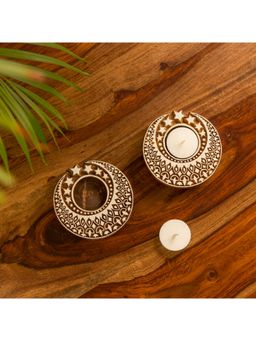 ExclusiveLane - Shimmering Moon' Hand-Carved Blocks Tea-Light Holders In Sheesham Wood (Set of 2)