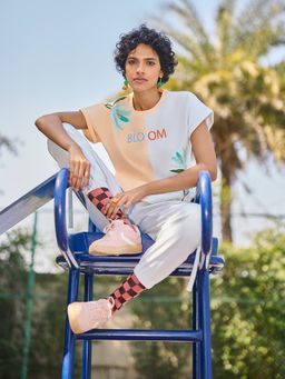 CRIMSOUNE CLUB - Womens Blue Colorblock Crop T-Shirt