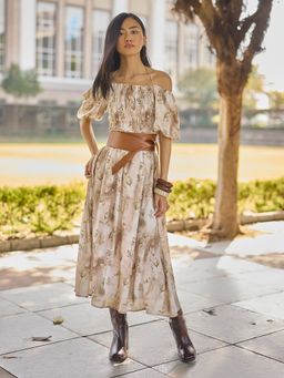 CRIMSOUNE CLUB - Women Brown Floral Print Square Neck A-Line Dress