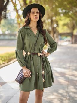 CRIMSOUNE CLUB - Women Green Jacquard Shirt Dress